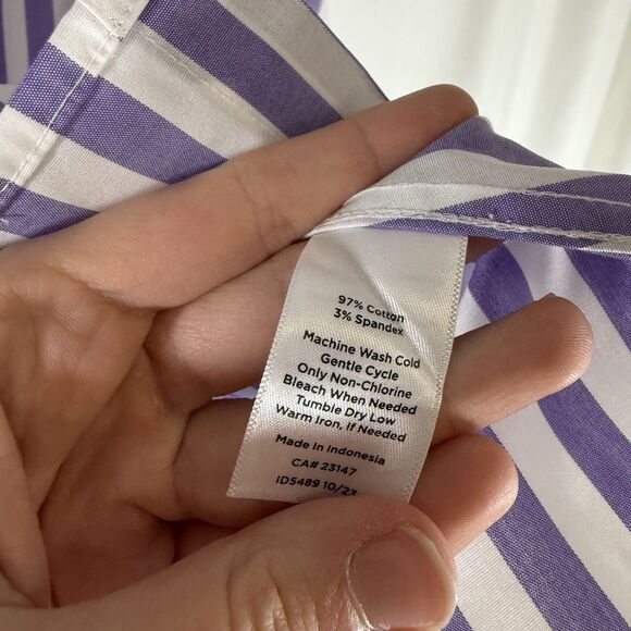 Talbots Blouse Women's 16 Purple White Striped Button Up Vneck Collared Non Iron - Picture 6 of 9